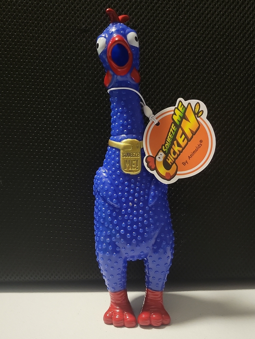 Squeeze Blue & Red Squeak Chicken  Toy.  12in.    TG